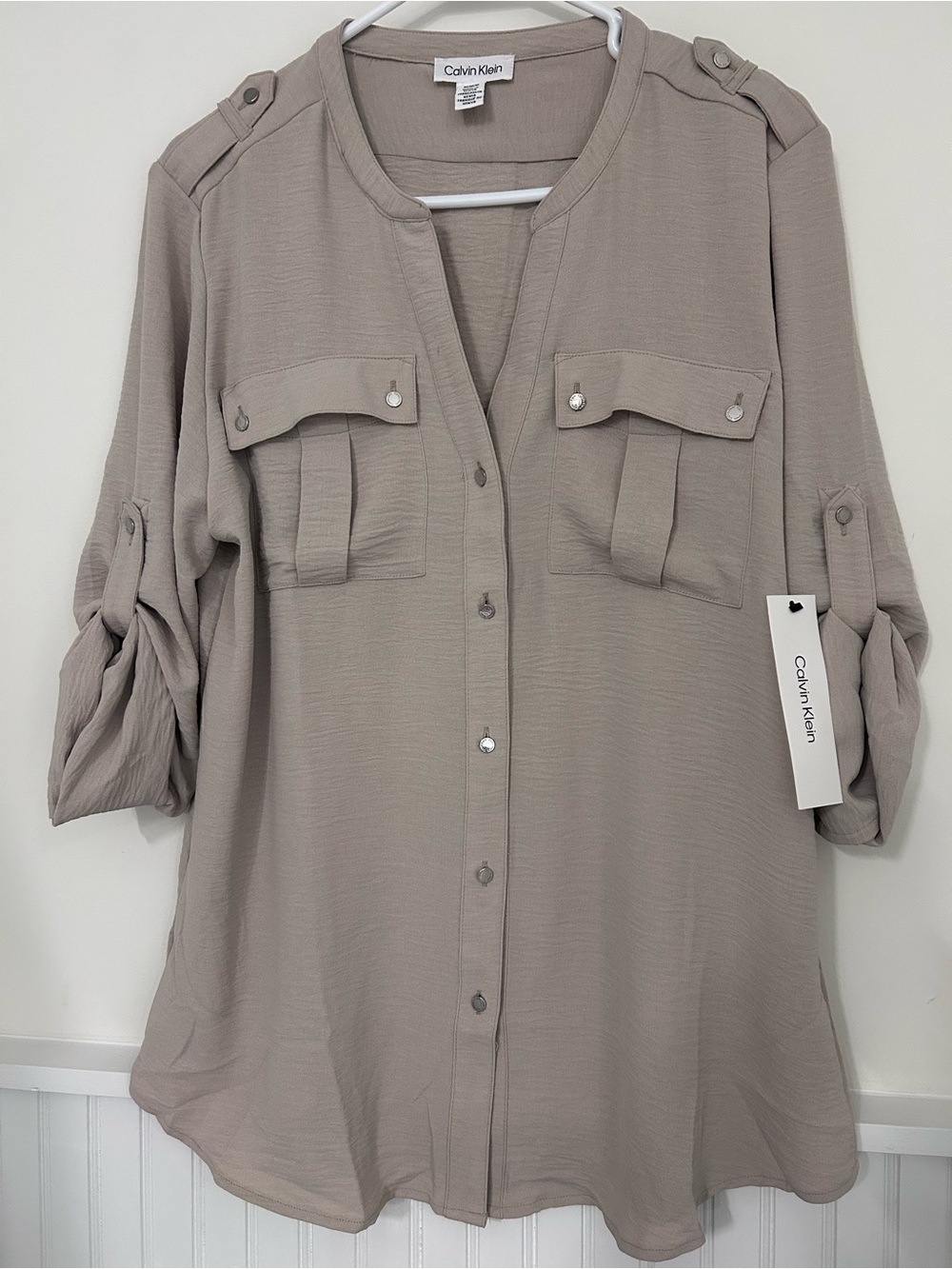 Calvin Klein Taupe Button-Front Utility Shirt Medium NWT